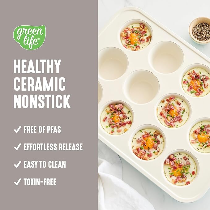 GreenLife 12-Cup Muffin Pan, PFAS-Free Healthy Nonstick Baking Tray, 11.4" x 1.9" x 15.9", Durable Ceramic Bakeware, Cupcakes, Egg Bites, Tarts, Brownies, Taupe