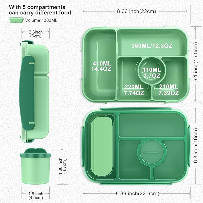 Bento Box Adult Lunch Box Kids,Lunch Containers for Adults/Kids/Toddler,5 Compartments Bento Lunch Box with Sauce Vontainers,Microwave & Dishwasher & Freezer Safe,BPA-Free(Green)