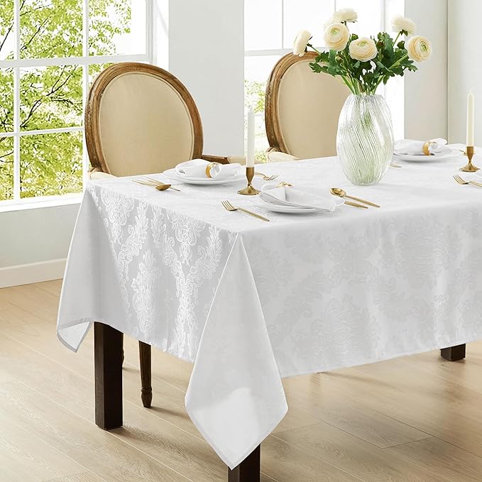 Newbridge Barcelona Luxury Damask Fabric Tablecloth, 70” Extra Wide x 126” Rectangle, White, 100% Polyester, No Iron, Soil Resistant Dining Room, Party and Banquet Table Cover