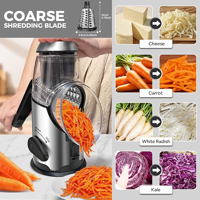 Rotary Cheese Grater with Handle,3 Changeable Blades for Kitchen Vegetable Cheese Shredder Slicer Grater,Nut Grinder,Easy to Use and Clean,Stainless Steel-Black Silver