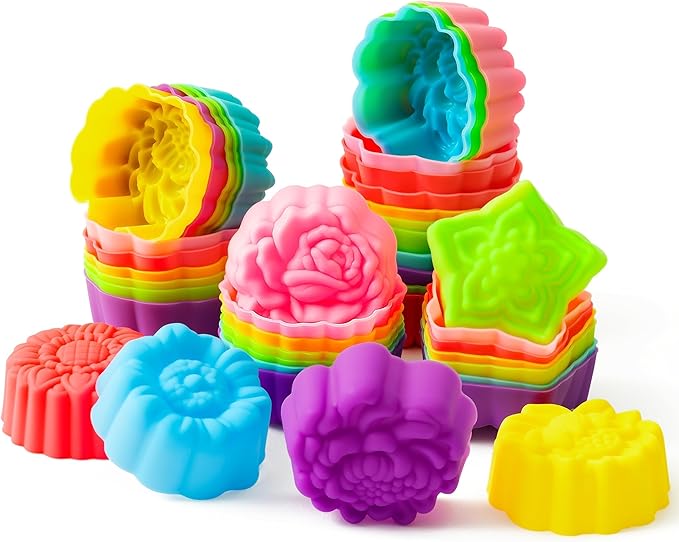 R HORSE 42 Pack Silicone Molds Cupcake 2 Inch Mini Size Multi Flower-Shaped Baking Cups Non-Stick Donut Wrapper Mold Muffin Liners Washable for Desserts Ice Creams Puddings Donut Supply Party