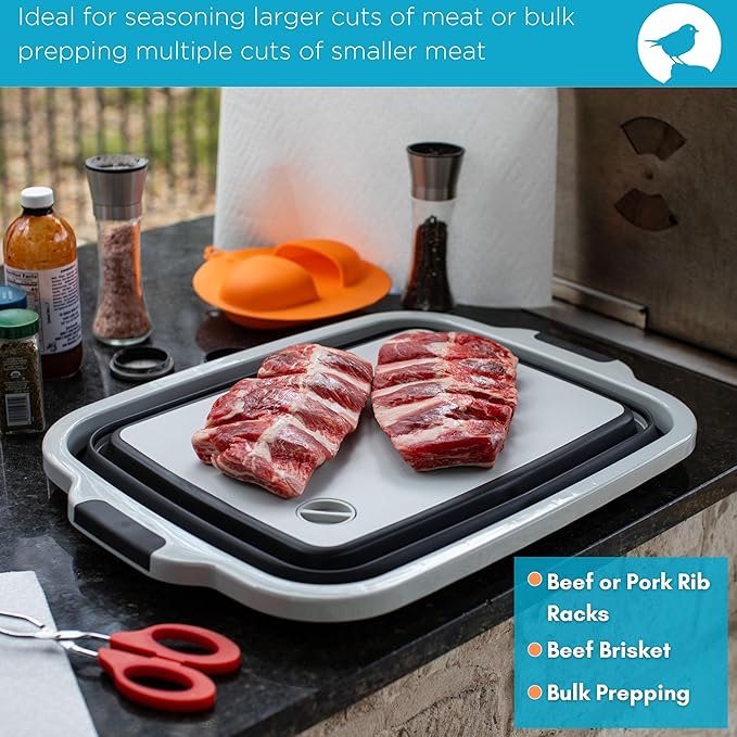 BIRDROCK HOME Collapsible XL BBQ Prep Tub w/Cutting Board, Multi-Function Grill Caddy w/Colander & Lid, Portable Silicone Dish Bowl for Picnic, Tailgate, Camping - Black