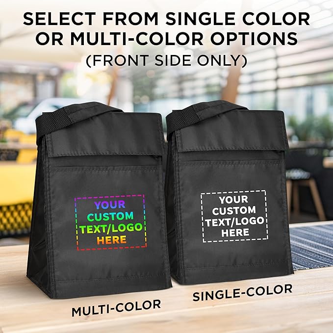 DISCOUNT PROMOS 10 Hook and Loop Insulated Lunch Bags Set - Customizable Text, Logo - Polyester, Durable, Vibrant, Reusable - Black