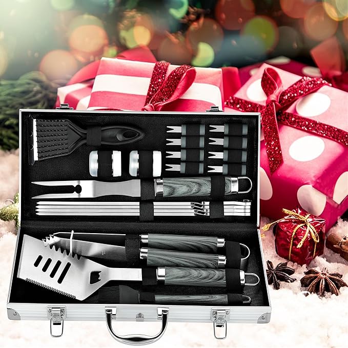 ROMANTICIST 20pcs Heavy Duty BBQ Grill Tool Set in Case - The Very Best Grill Gift for Father's Day and Christmas - Professional BBQ Accessories Set for Outdoor Cooking Camping Grilling Smoking, Grey