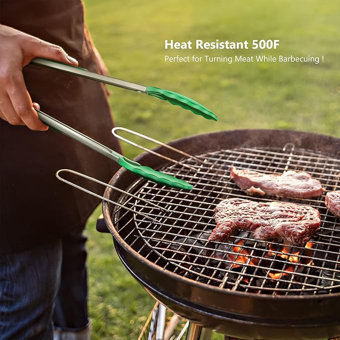 9-Inch & 12-Inch Premium Stainless Steel Food Tongs, Turquoise Silicone BPA Free Non-Stick BBQ Cooking Grilling Locking Kitchen Tong