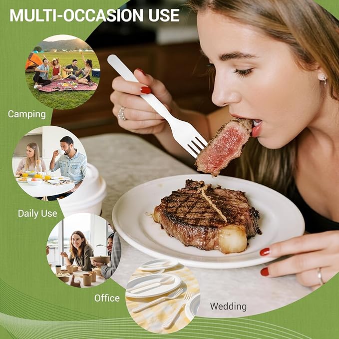 100% Compostable Froks - 200Pcs Heavy Duty Biodegradable Forks Disposable Utensils, BPA-Free, Heat Resistant, BPI Certified Disposable Forks, Eco Friendly Cutlery for Party, Office & Picnic