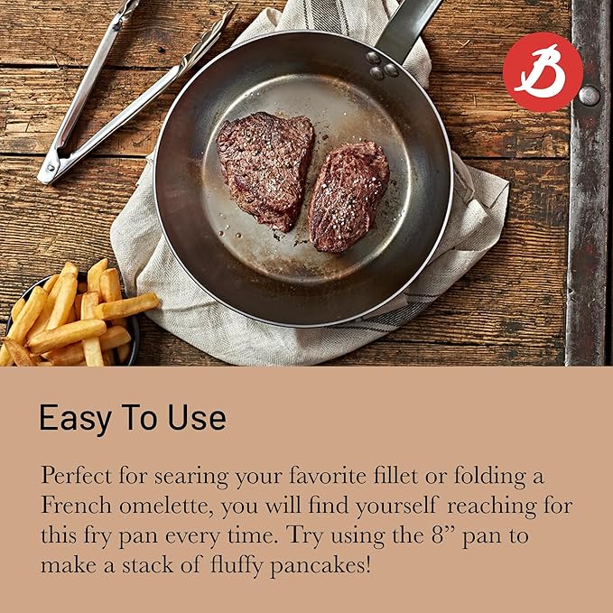De Buyer MINERAL B Carbon Steel Fry Pan - 8” Diameter, 5.5” Cooking Surface - Ideal for Searing, Sauteing & Reheating - PFAS, PFOA & PFOS Free - Made in France