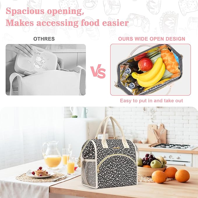 LOKASS Insulated Lunch Bag Women- Reusable 10 L Lunch Box for Women - Leakproof Tote Cooler Bag for Adults Work, Beach, Travel, Picnic （Black Small Florals）