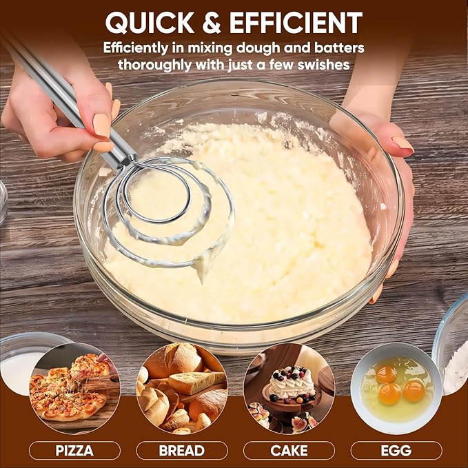Maxjoy Danish Dough Whisk Stainless Steel Hook Dutch Style Bread Mixer for Sourdough Making Tool