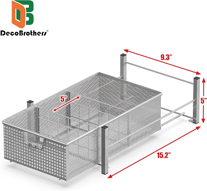 Deco Brothers Pull Out Cabinet Sliding Basket with Dividers Open Top, Medium, Silver