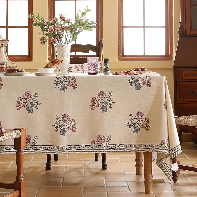 ISAENNE Designer Linen Light Beige Table Cloth for Rectangle Table,French Colorful Floral Table Cloth,Stain Resistant Decor Tablecloths for Dining Thanksgiving Kitchen,55"*87"-Helena E