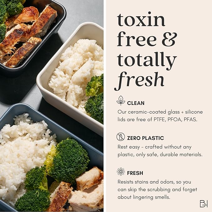 Ceramic Coated Glass Food Storage Containers | No PTFE, PFOA, PFAS, and BPA | Reusable Non Toxic Meal Prep Containers with Glass Lids | Easy To Store | 10 Piece Set [Smoke]