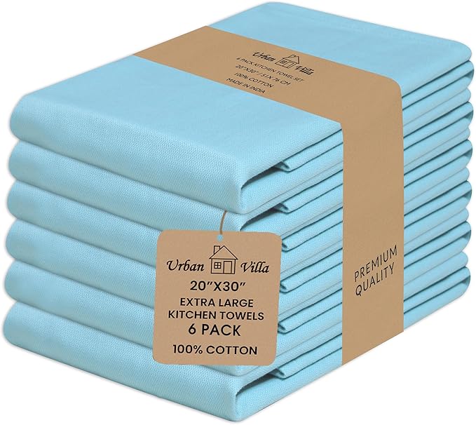 Urban Villa Aqua 100% Cotton Highly Absorbent Dish Towels for Kitchen 20X30 Inches(Set of 6) Multi-Purpose Solid Dish Cloths with Hanging Loop for Cleaning Dinnerware Glass Hand Towels