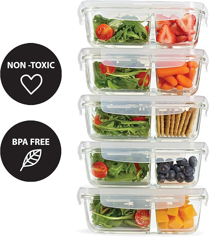 Fit & Fresh Divided, 5-Pack, Two Compartments, Set of 5 Containers with Locking Lids, Glass Storage, Meal Prep Containers with Airtight Seal, 27 oz.