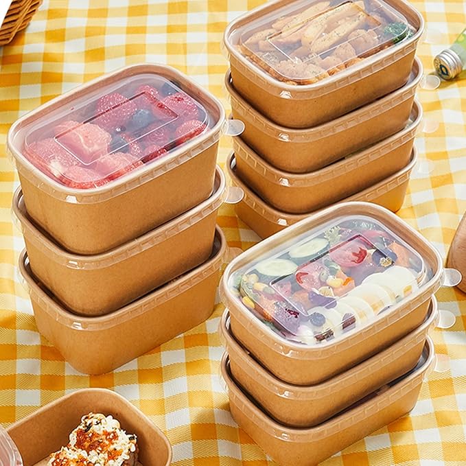 DI QIU REN 50-Pack 22oz Paper Bowls, Disposable Food Containers with Lids and Forks, Rectangular Disposable Salad Bowls for Diet Salad, Pasta (kraft Paper Rectangular, 22oz 50 Count)