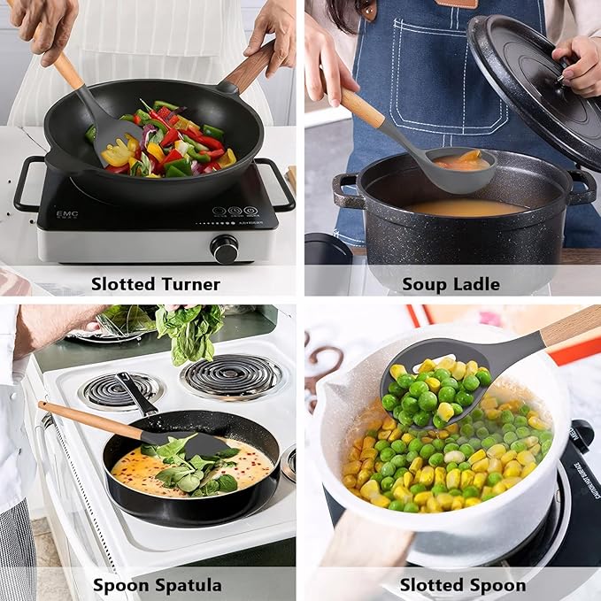 Silicone Cooking Utensils Set 5-Piece Non-Stick Kitchen Utensil Set, Wood Handle Heat Resistant Spatula Spoon Turner Soup Ladle Silicone Cooking Kitchen Gadgets BPA Free for Nonstick Cookware