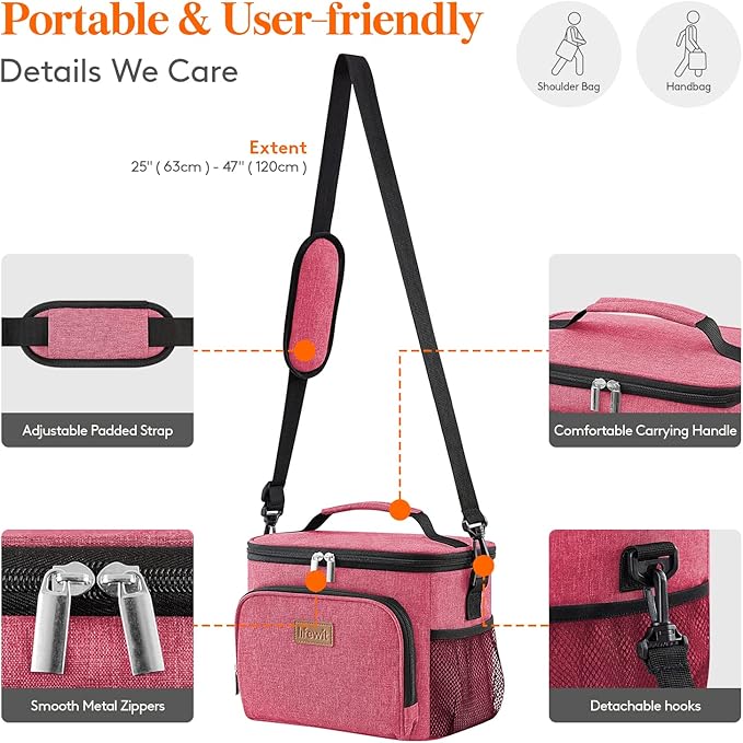 Lifewit Reusable Insulated Lunch Bag for Men, Lunch Box Women, Portable Cooler Freezable Soft Lunchbox Leakproof with Adjustable Shoulder Strap for Adult for Work Picnic or Travel, Pink 9L