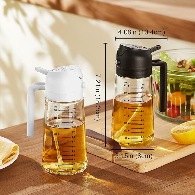 TrendPlain 16oz/470ml Glass Olive Oil Sprayer for Cooking – 2 in 1 Olive Oil Dispenser Bottle for Kitchen Gadgets and Air Fryer Accessories, Salad, BBQ - Ash