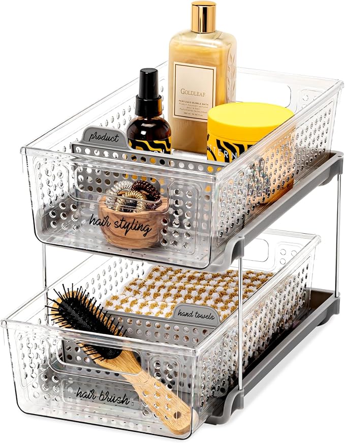 madesmart 2-Tier Organizer, Multi-Purpose Slide-Out Storage with Handles and Dividers for Home and Bath, BPA Free, Clear/Gray