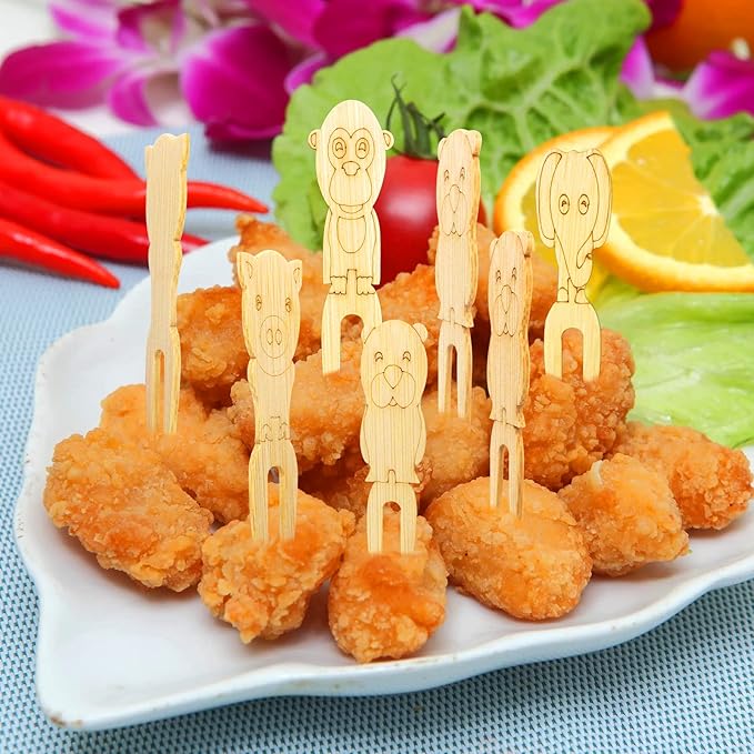 BLUE TOP 100pcs Cute Animals Food picks for Party Bamboo Mini Forks 3.5inch Food picks Bamboo Enviromental material Reuseable Mini Appetizers Picks for Food,Appetizer,Pastry Children's Day