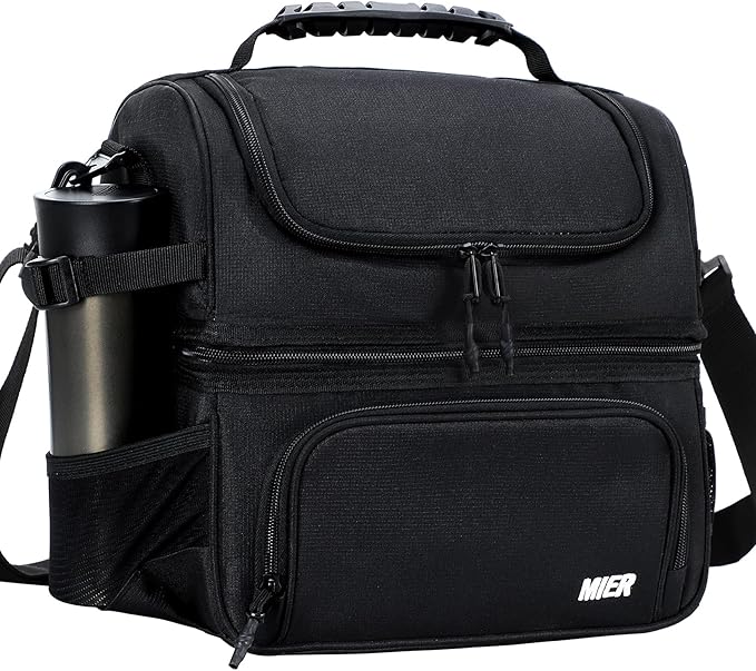 MIER Dual Compartment Lunch Bag Tote with Shoulder Strap for Men and Women Insulated Leakproof Cooler Bag, Black