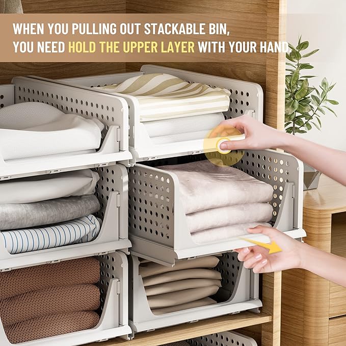 Pinkpum 6 Pack Closet Organizers Storage Box, Stackable Plastic Drawer Basket for Clothing, Stackable Storage Bins Shelf Storage Container for Closet Wardrobe Bedroom Bathroom Office White