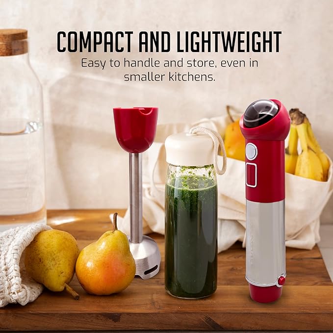 OVENTE Cordless Immersion Hand Blender, 300W Rechargeable Handheld Portable Stick Mixer with Speed Pulse Activating Sensor and Stainless Steel Blades for Smoothies, Shakes or Baby Food, Red HR995R