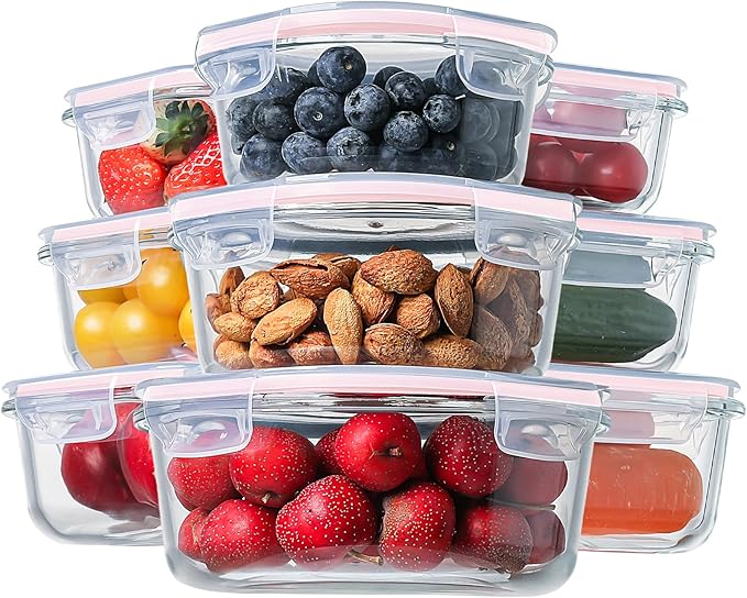 HOMBERKING Glass Food Storage Containers with Lids, [18 Piece] Glass Meal Prep Containers, Airtight Lunch Bento Boxes, BPA-Free & Leak Proof (9 lids & 9 Containers) - Pink