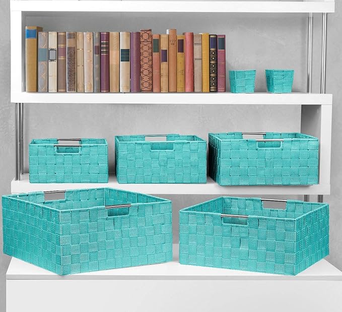 Sorbus Storage Baskets for Organizing (Set of 7), Mesh Hand-Woven Design, Linen Closet Organizers and Storage, Organizer Storage Baskets for Shelves, Variety Pack Organizers and Storage (Aqua)