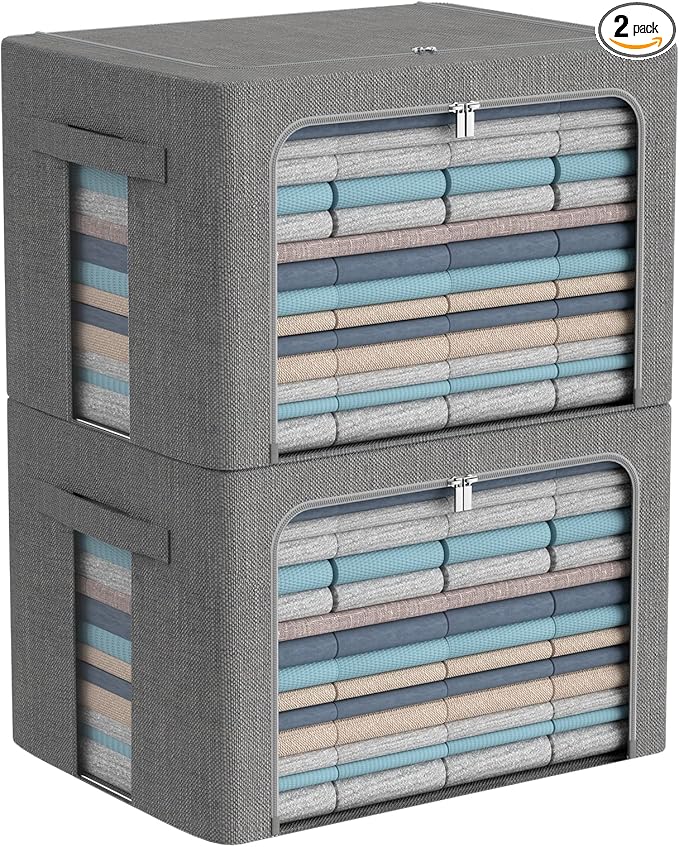 Extra Large Clothes Storage Bins - Linen Fabric Foldable Stackable Container Organizer Set with Clear Window & Carry Handles & Metal Frame (Dark Gray, Extra Large-100L)