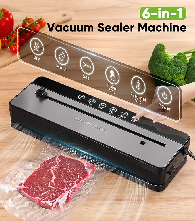 Vacuum Sealer for Food, 6-in-1 Food Vacuum Sealer Machine, Built-in Cutter Food Sealer Vacuum Sealer, Compact Vacuum Sealers with 20 Vacuum Bags, External VAC for Jars & Containers, Black