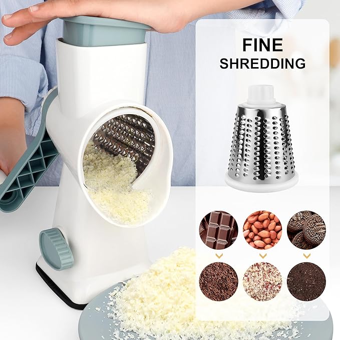 Kaishun Cheese Grater Rotary Cheese Grater Vegetable Chopper Sredder Madonline Stainless Steel with Vacuum Suction Base Multi Functional Kitchen Tool Perfect for Easy Shredding (WhiteCyan)