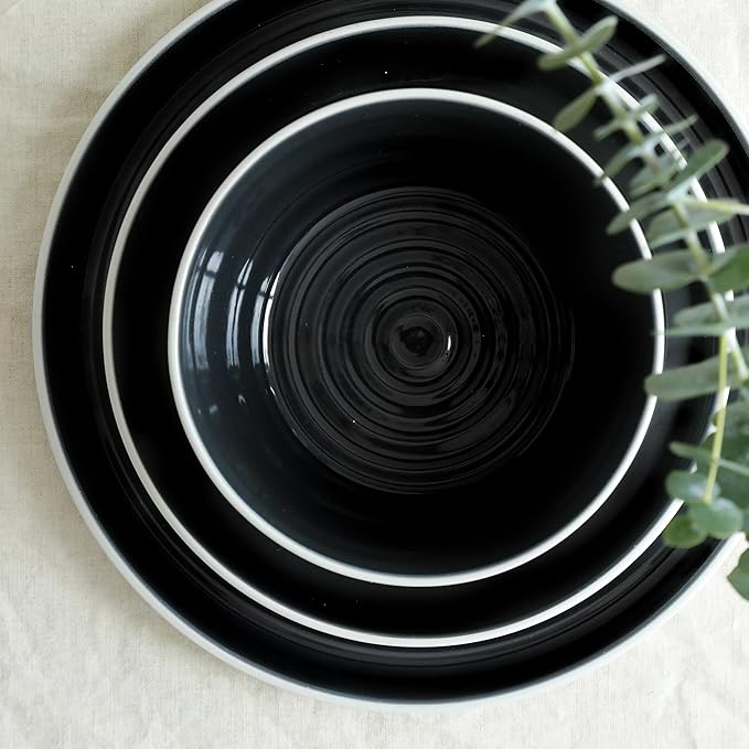 Stone Lain Elica 24-Piece Modern Dinnerware Set Stoneware, Plates and Bowl Sets for 8, Black and Beige