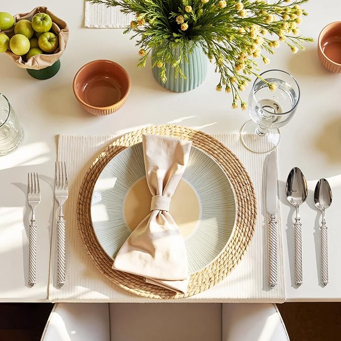 KINGSTONE Retro Rope-Pattern Silverware Set, 40-Piece Flatware Set Cutlery Set Forged with Handcrafted Texture Handles 18/10 Stainless Steel, Dishwasher Safe