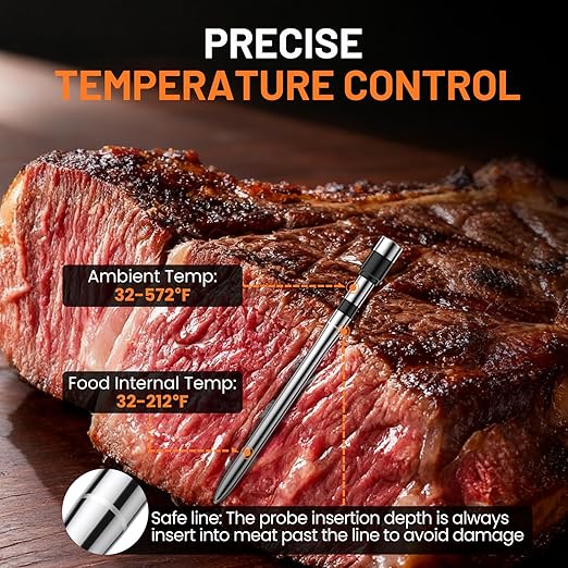 Smart Bluetooth Wireless Meat Thermometer, Real-Time Monitoring Control Digital Thermometer with Smart App, 4 Meat Probes IP67 Waterproof High Accuracy Perfect for BBQ, Oven, Grill & Smoker