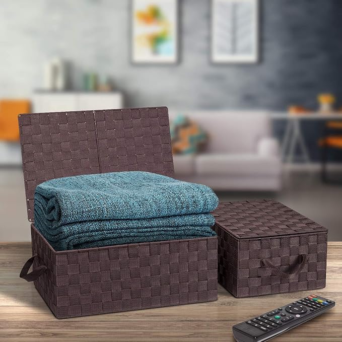 Sorbus Set of 3 Storage Baskets for Organizing with Lid, Mesh Hand-Woven Design, Linen Closet Organizers and Storage, Organizer Storage Baskets for Shelves, Variety Pack Organizers and Storage