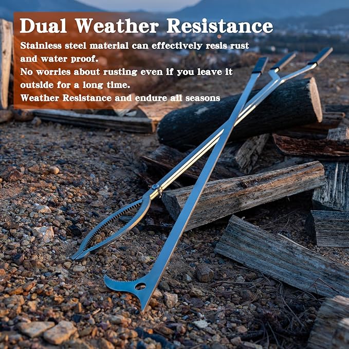 32" Stainless Steel Fire Log Tongs Firewood Grabber and Fire Poker Set,Large Fire Pit Tool Outdoor/Indoor Bonfire Campfire Backyard Deck Camping Log Grabber Safely Moves Firewood