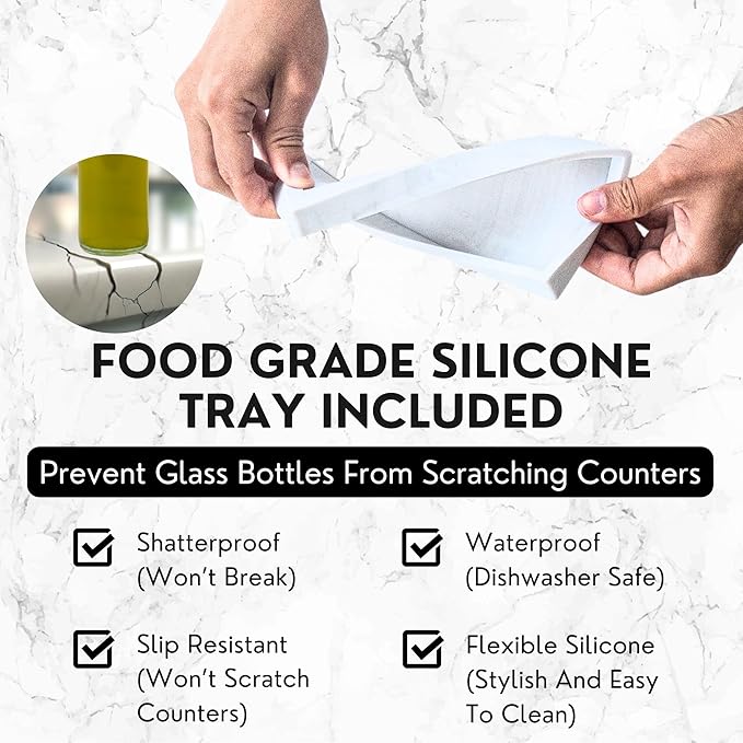Clear Glass Olive Oil Dispenser Bottles For Kitchen With Silicone Tray & 40 Labels, Soy Sauce Dispenser, Coffee Syrup Dispenser, Olive Oil Bottles Set Of 2, Gold 500ml / 17oz