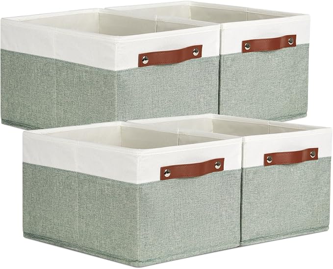 Temary Storage Bins Storage Baskets 4Pack Fabric Storage Bins for Shelves with Dual Leather Handles Canvas Storage Boxes for Organizing Home, Shelf, Closet (White&Green)