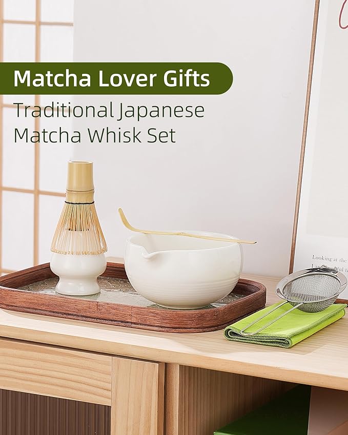 ZENS Matcha Whisk Set, 6pcs Matcha Kit Includes Ceramic Bowl, Handcrafted Bamboo Whisk and Chasen Holder, Scoop, 304 Sifter & Tea Mat，Matcha Set for Tea Ceremony,Latte Making, White