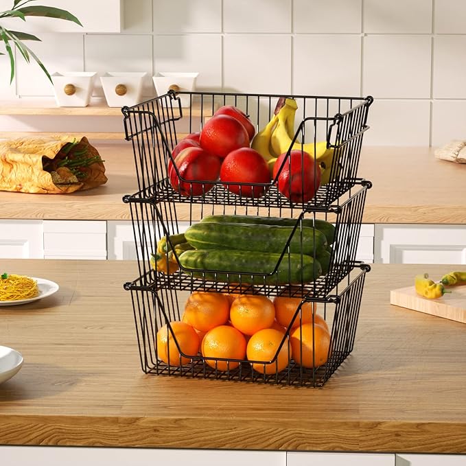 Slideep 14'' Black Stackable Storage Baskets Sturdy Metal Wire Freezer Bins Cabinet Organizer for Pantry Home Kitchen Organization- Set of 6