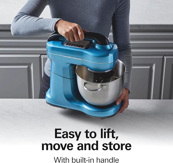 Hamilton Beach Electric Stand Mixer, 4 Quarts, Dough Hook, Flat Beater Attachments, Splash Guard, 7 Speeds with Whisk, Easy-Carry Top Handle, Blue