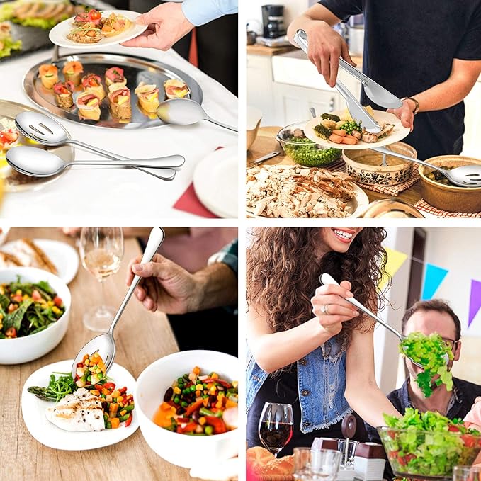 LIANYU 12-Piece Large Serving Utensils Set, Include 9.8 Inch Slotted Spoons and Forks, 9.4 Inch Tongs, Stainless Steel Hostess Serving Flatware Set for Catering Party, Dishwasher Safe