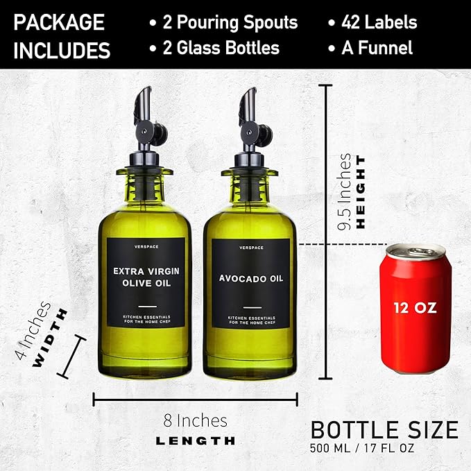 Green Glass Olive Oil Dispenser Bottles For Kitchen, Avocado Oil Dispenser Set, Modern Decor, Gold Kitchen Accessories for Home, Airbnb, Cafe (Black, Set of 2)