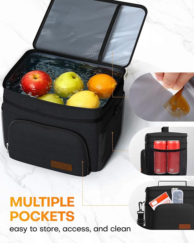 HOTOR Insulated Lunch Box for Men & Women - Leak-Proof Cooler Lunch Bag with 4 Pockets, Adjustable Strap, Ideal for Work, Picnic, Travel - Medium, Black, 10.2"×6.9"×8.5"