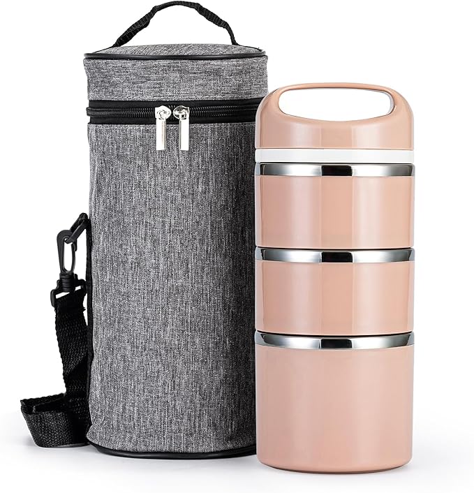 Lille Home Stackable Stainless Steel Lunch Containers, 43OZ Capacity 3 Layers Leakproof Bento Box for Adult, Portable Lunch Box for Women, Man, Travel, Office with Lunch Bag (Gold.Pro)