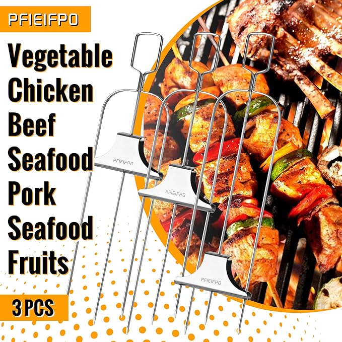 3PCS Grilling Savant 3 Way Skewers,14 Inch Metal Skewers for Grilling,Easy to Use Push Bar Slider, BBQ Accessory, Perfect for Meat,Veggies,Fruits,Marshmallow Roasting Sticks Grill Kabob Skewer.