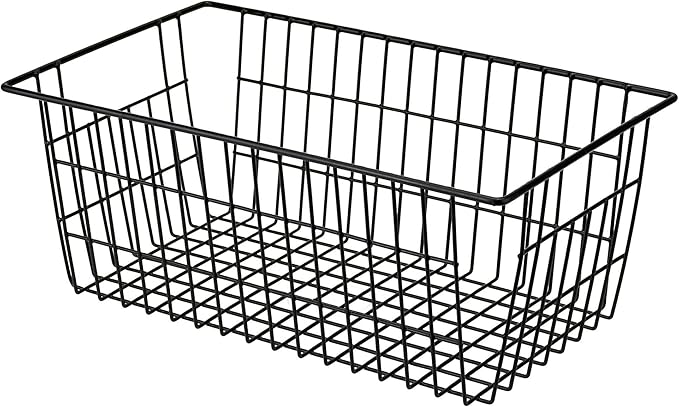 SANNO Freezer Basket Organizer, Refrigerator Metal Wire Storage Divider, Household Container Bins with Handles for Kitchen, Bathroom, Office, Camping, Black,Set of 4