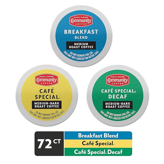 Community Coffee All Day Variety Pack with Decaf 72 Count Coffee Pods, Medium Dark Roast, Compatible with Keurig 2.0 K-Cup Brewers