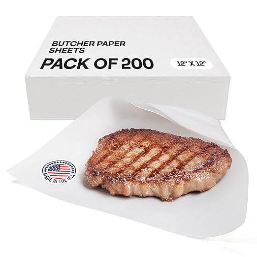 White Butcher Paper Sheets 12" x 12", Pack of 200 - USA-Made Natural Precut Butcher Paper for Smoking, Grilling & BBQ - Unwaxed, Uncoated, Untreated Food Wrapping Sheets for Cooking by IDL Packaging